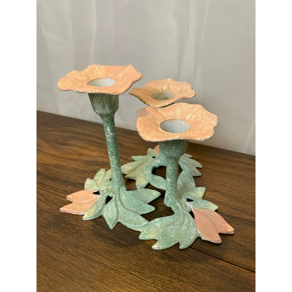 Vintage‎ 3 Flower Metal Candle Holder 5" Tall by 6-1/2" Wide